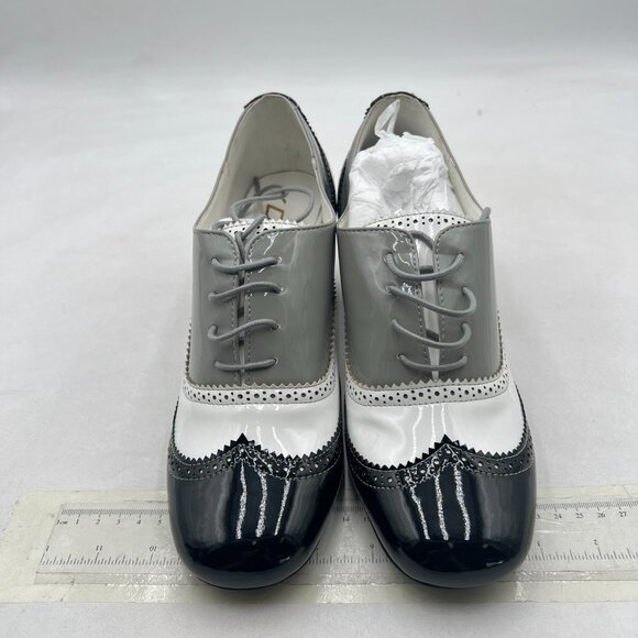Black/Grey Closed Toe Lace Up Oxfords Perforated Stacked Low Heels Derby Pumps - Picture 2 of 7